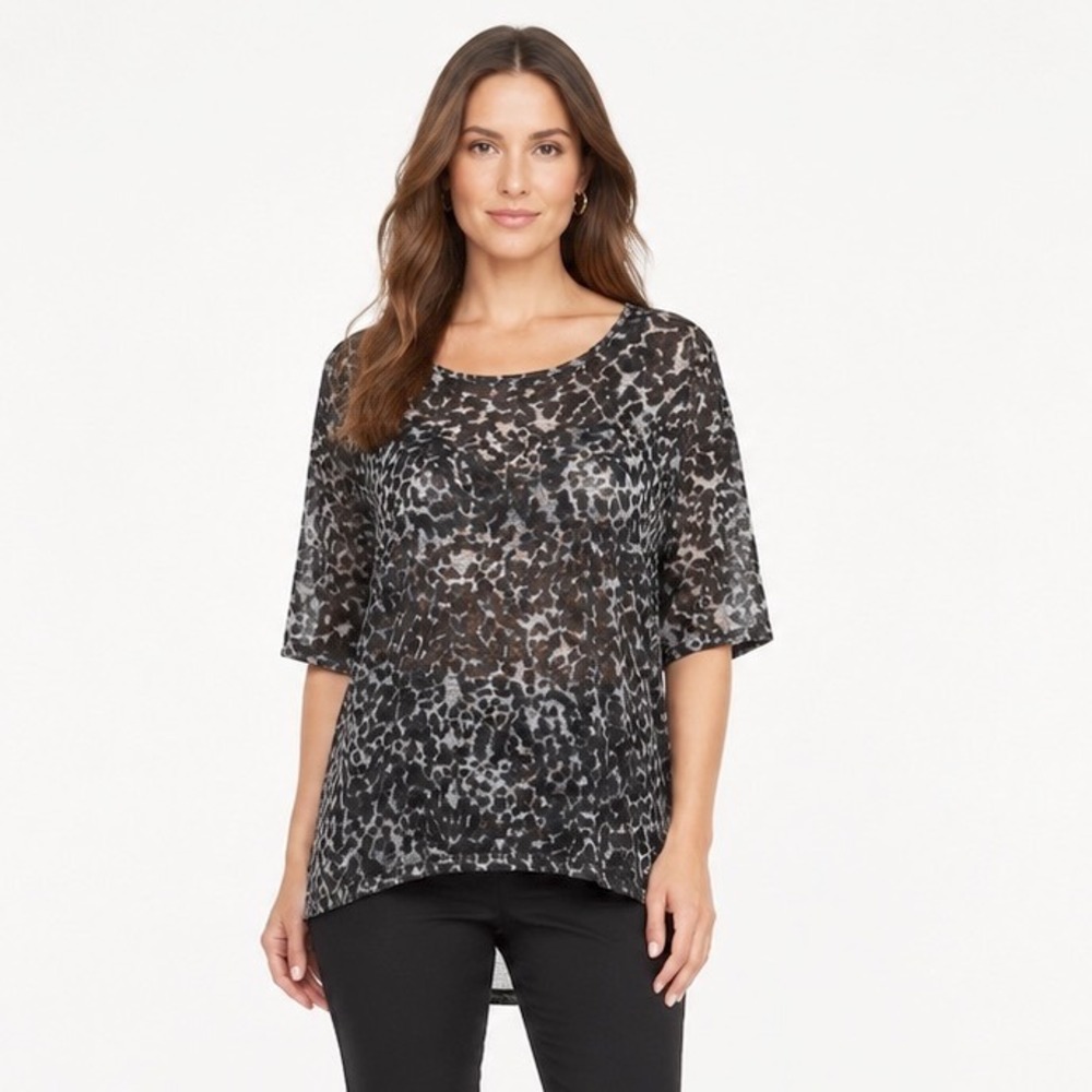 H&M Gray Black Animal Print Drop Shoulder High Low Knit Top S Sheer Chic 114-12